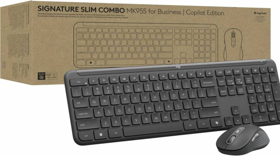 Logitech Signature Slim MK955 Wireless Keyboard and Mouse Combo for Business with Microsoft Copilot, Bluetooth, Secure Receiver, Quiet Typing - Graphite
