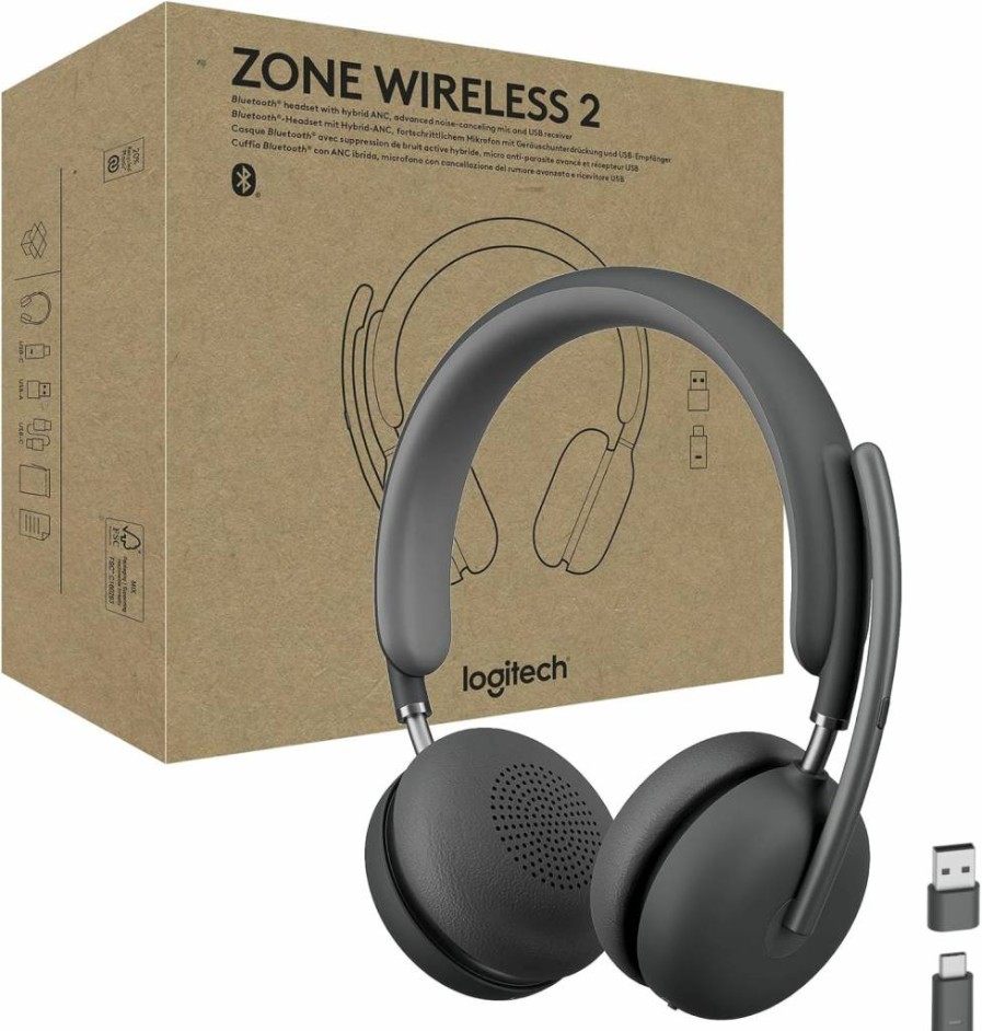 Logitech Zone Wireless 2 Premium ANC Headset with Bluetooth, USB-C, USB-A, Certified for Microsoft Teams, Intel Evo, Fast Pair – Graphite