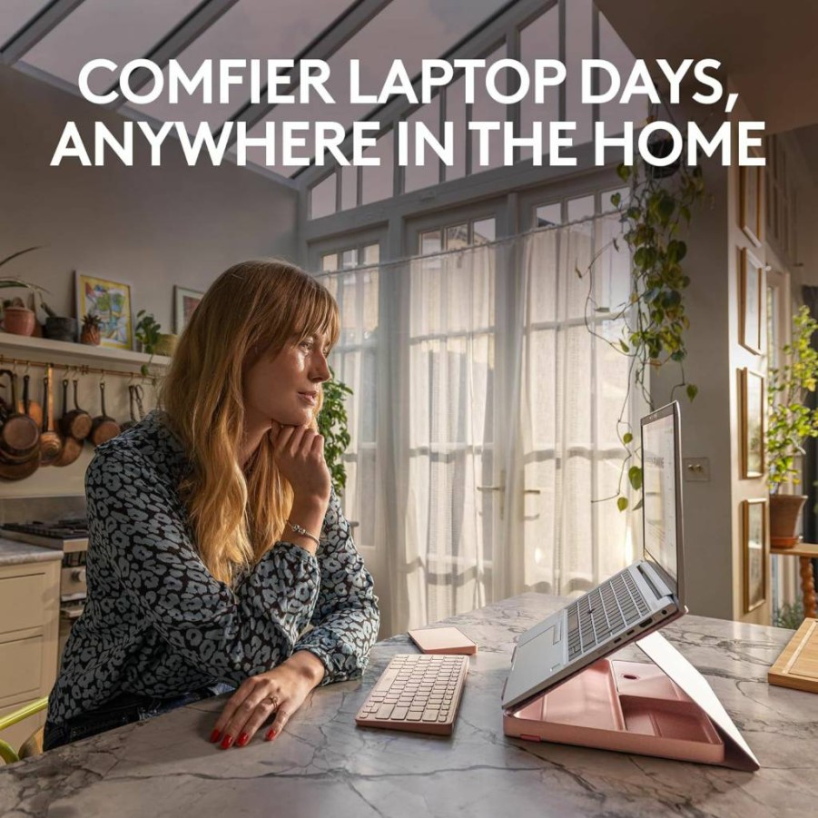 Logitech Casa Pop-Up Desk Kit with Adjustable Laptop Stand, Wireless Bluetooth Keyboard & Touchpad, USB-C Charging in Bohemian Blush Pink