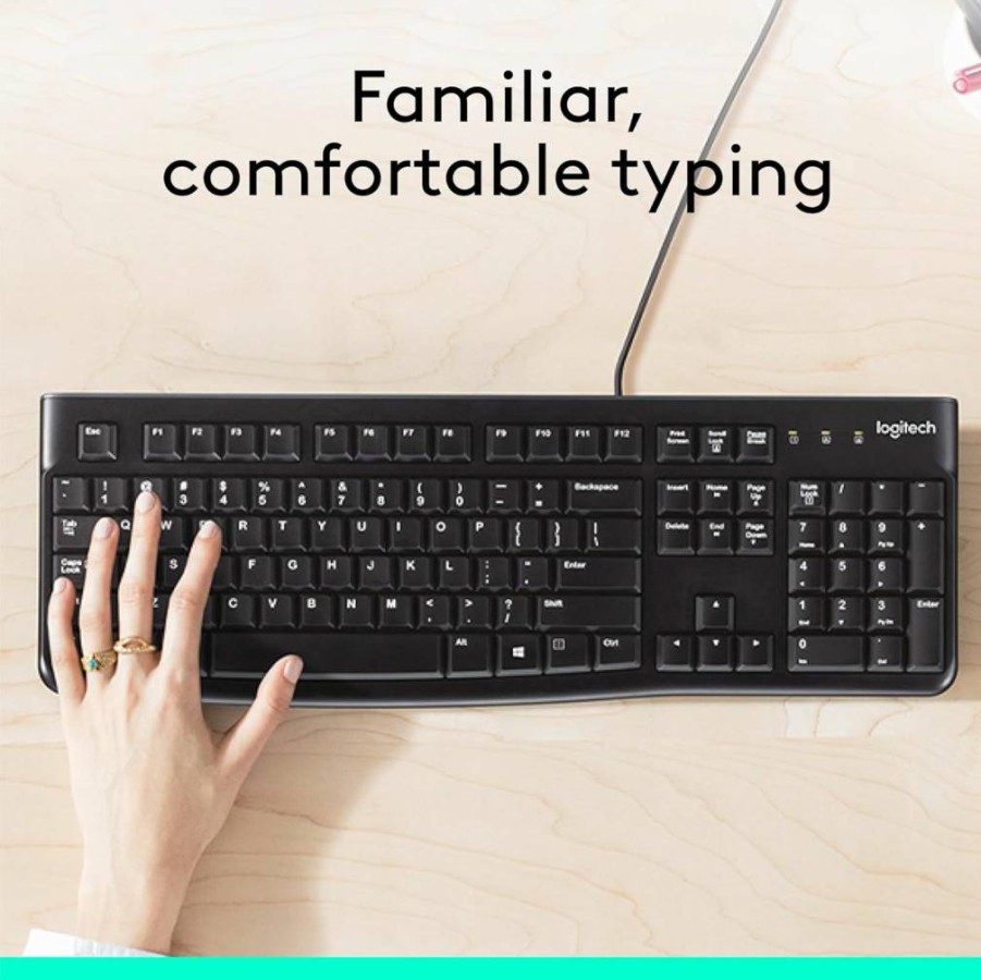 Logitech K120 Wired USB Keyboard - Spill-Resistant Design, Plug & Play for Windows PC/Laptop, Full-Size Layout with Curved Space Bar - Black