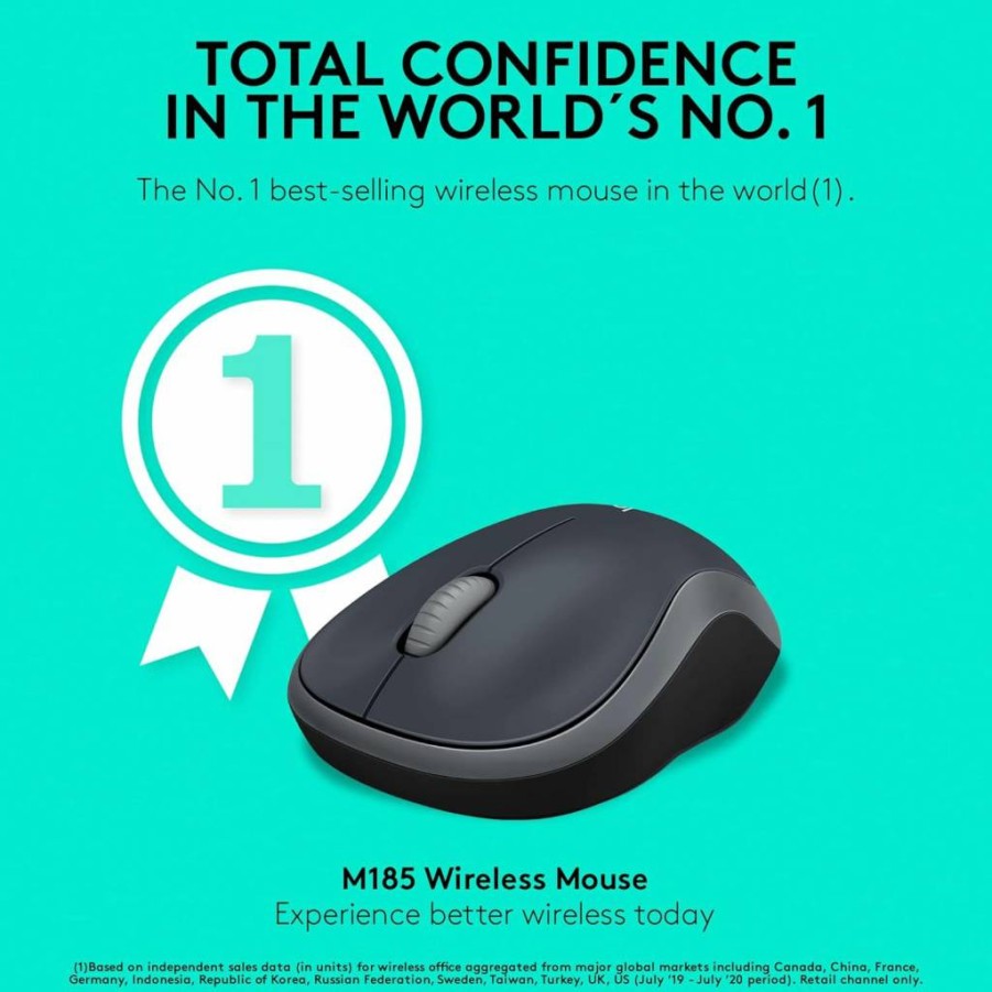 Logitech M185 Wireless Mouse, 2.4GHz USB Receiver, 12-Month Battery, 1000 DPI Optical Tracking, Ambidextrous Design, Compatible with PC/Mac/Laptop - Swift Grey