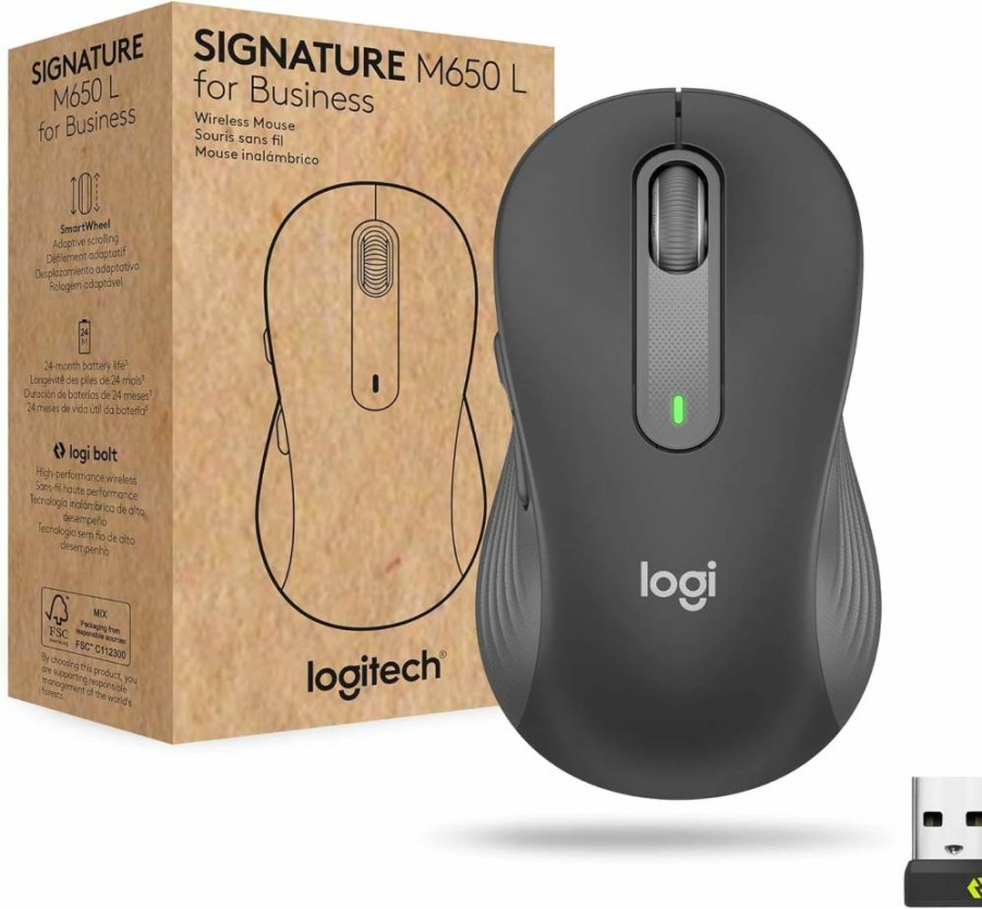Logitech M650 L Wireless Mouse for Large Hands - Bluetooth, Logi Bolt, Smartwheel, Graphite, Business & Productivity